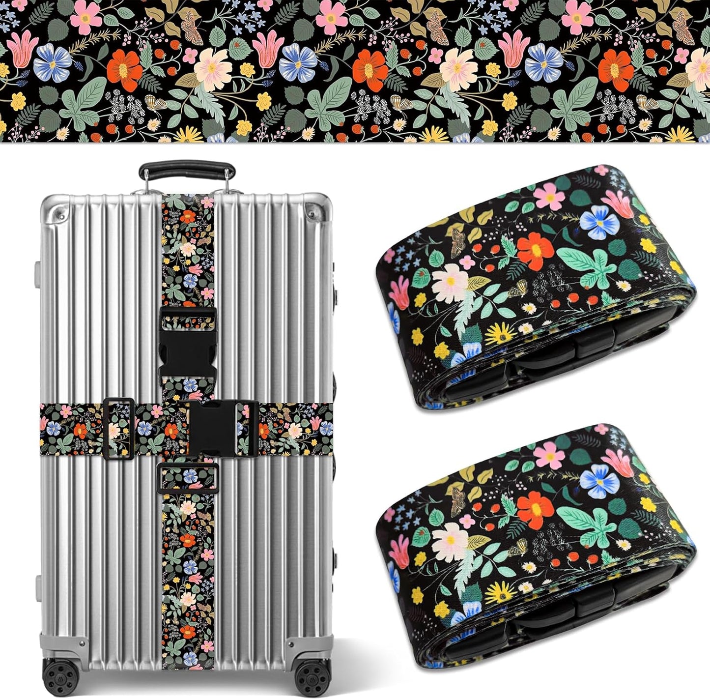 Wildflower Luggage Straps for Suitcases TSA Approved, Luggage Identifiers for Suitcase, Adjustable Suitcase Strap for Baggage Security with Cute Patten, Travel Necessary Accessories