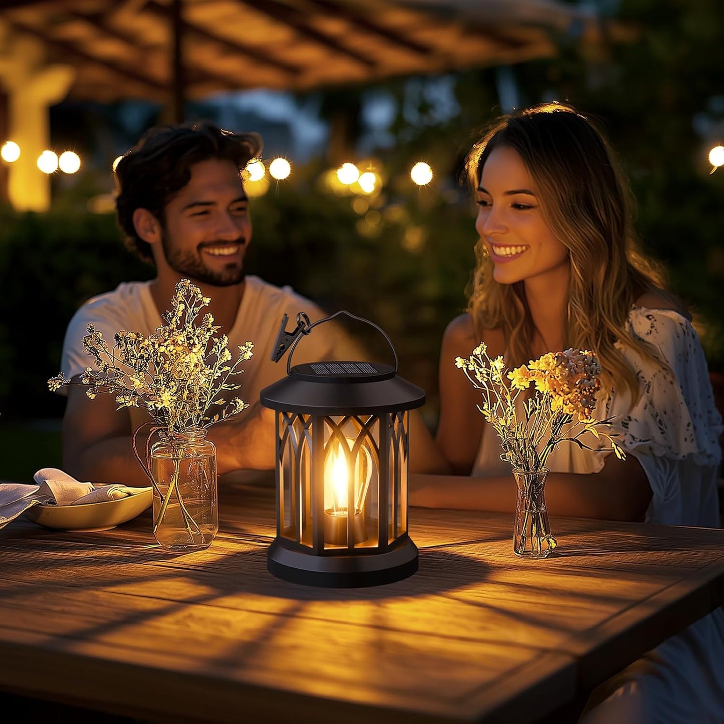 Solar Lanterns Outdoor Waterproof 4-Pack: Hanging Solar Lights for Outside Patio Decor for Garden Bright Black Modern Lanterns Decorative with Clips Gifts for Family Household Newlyweds - Warm Light