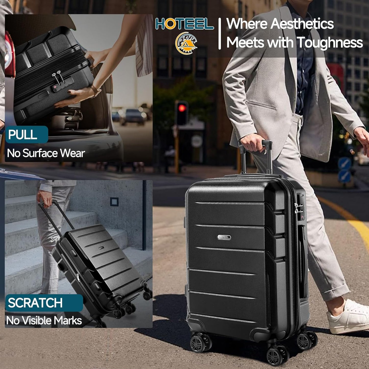 Hoteel Luggage Sets 5 Piece, ABS+PC Hard Shell Expandable Suitcases with Wheels, TSA Aproved Lock and Carry on Bags, Travel Suit Case Set for Men and Women, (5-Piece, Black)