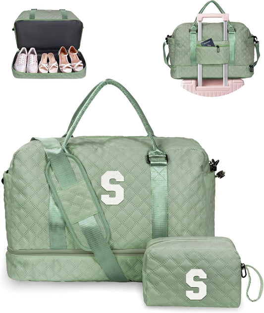Personalized Travel Gifts for Women-Initial Travel Bag with Shoe Compartment, Personalized Weekender Bag, Monogram Overnight Bag for Women, Letter Travel Bag with Makeup Bag (Letter S)