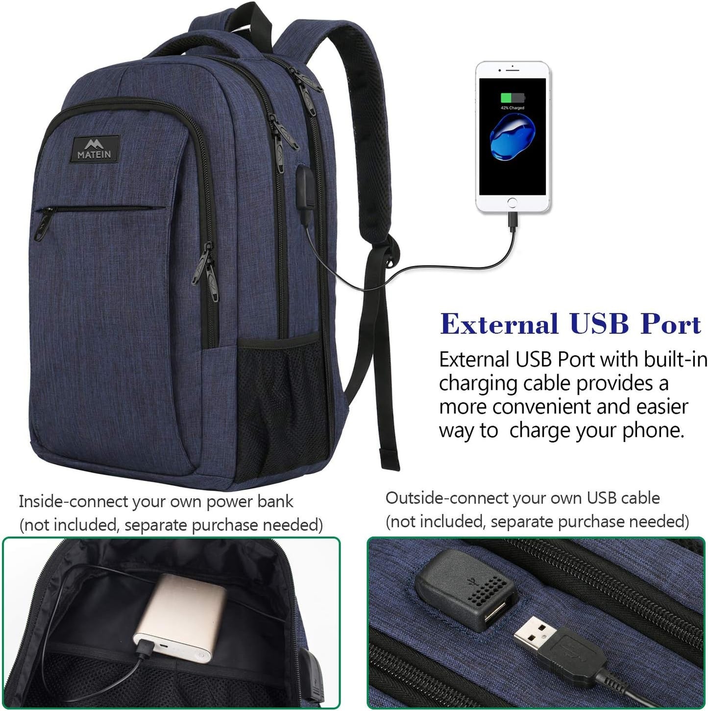 MATEIN Large College Backpack, Sturdy Computer Backpack with USB Charging Port Fits 17 inch Notebook, Carryon Luggage Travel Laptop Bag for Business Men and Women Christmas New Year Gift, Blue