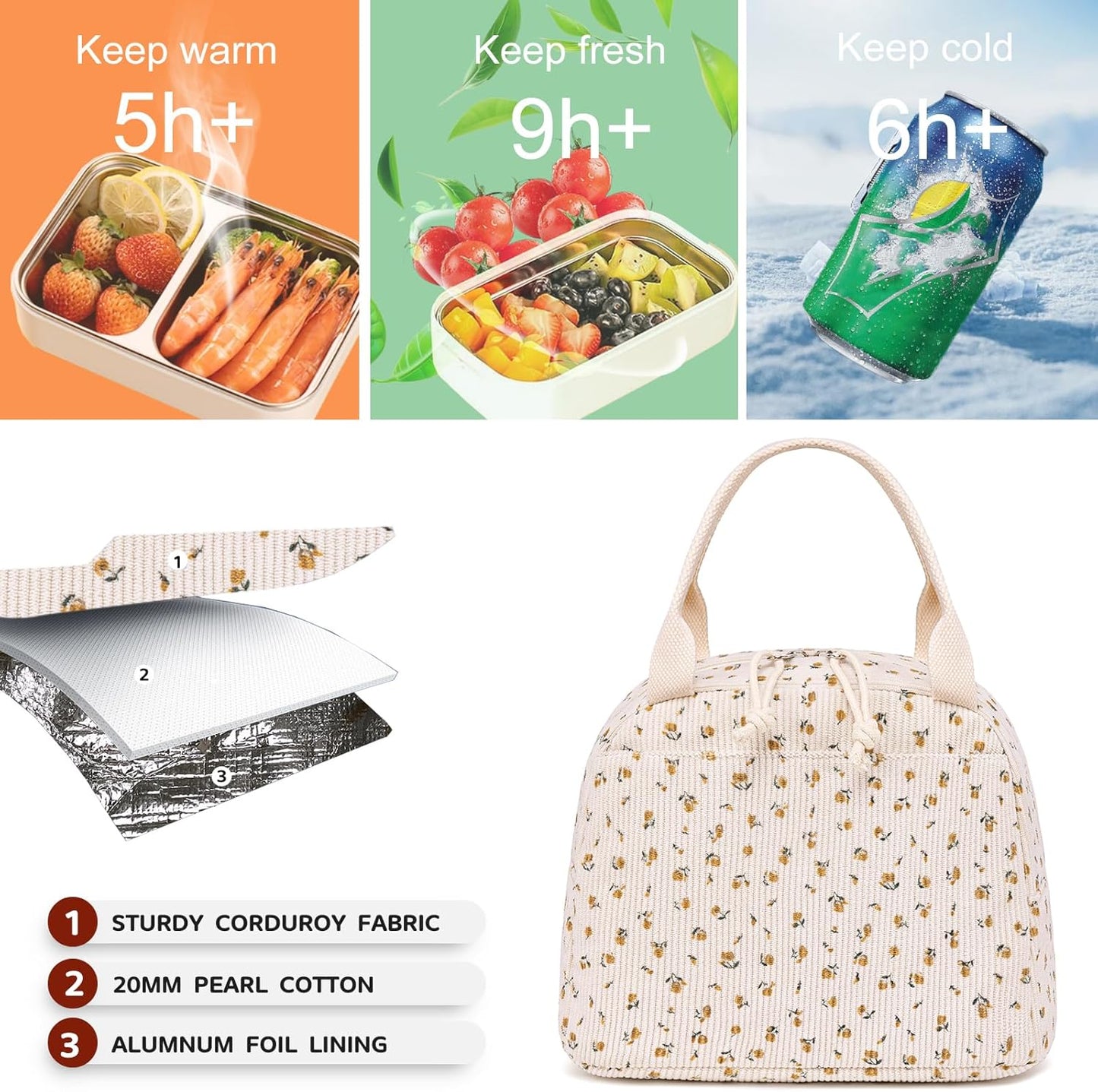 Bluboon Lunch Bag for Women Men Cute Corduroy Lunch Tote Bags Reusable Insulated Lunch Box Large Capacity Reusable Insulated Cooler for Work Picnic or Travel