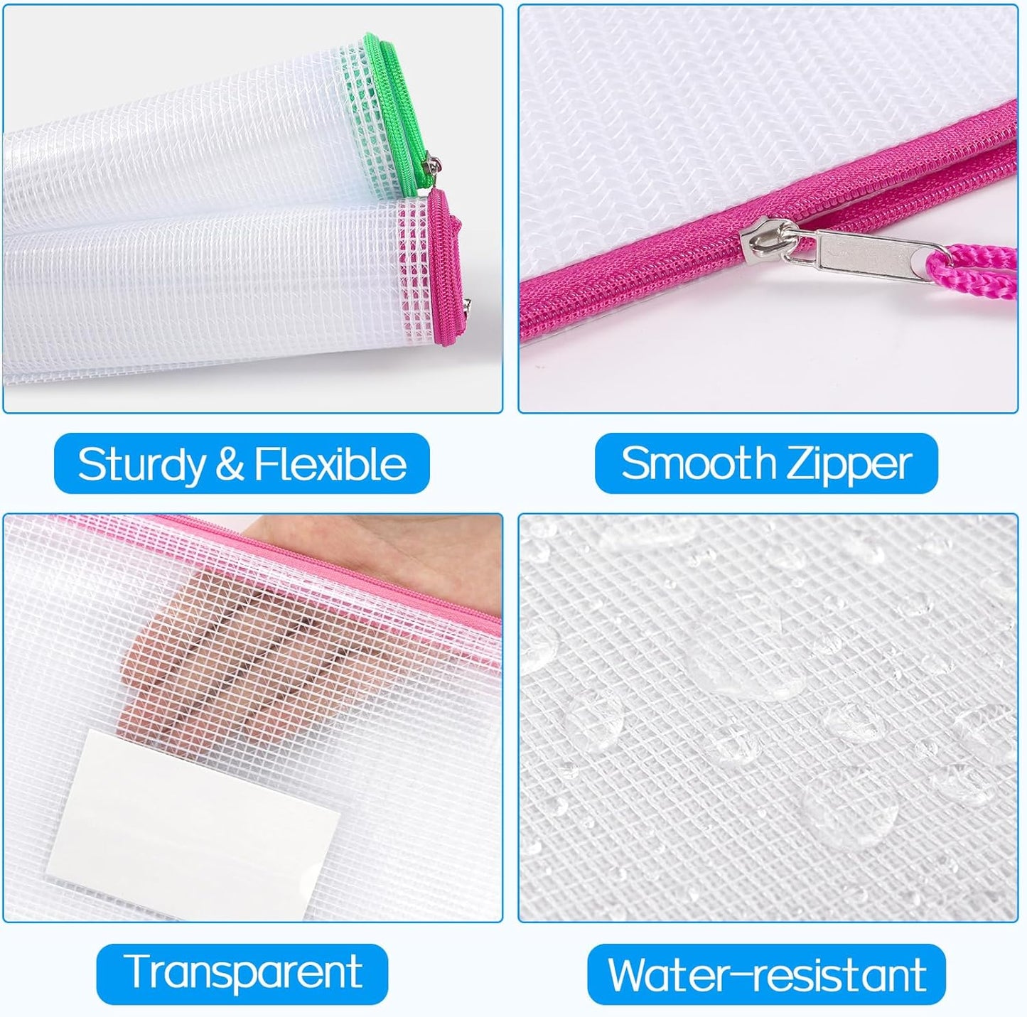 Sooez 32 Pack Mesh Zipper Pouch Bags, A4 Letter Size, Zipper Bags with Label Pocket, Waterproof Pouches for Classroom Organization, Board Game Storage, Document Bag for Teacher School Office Supplies