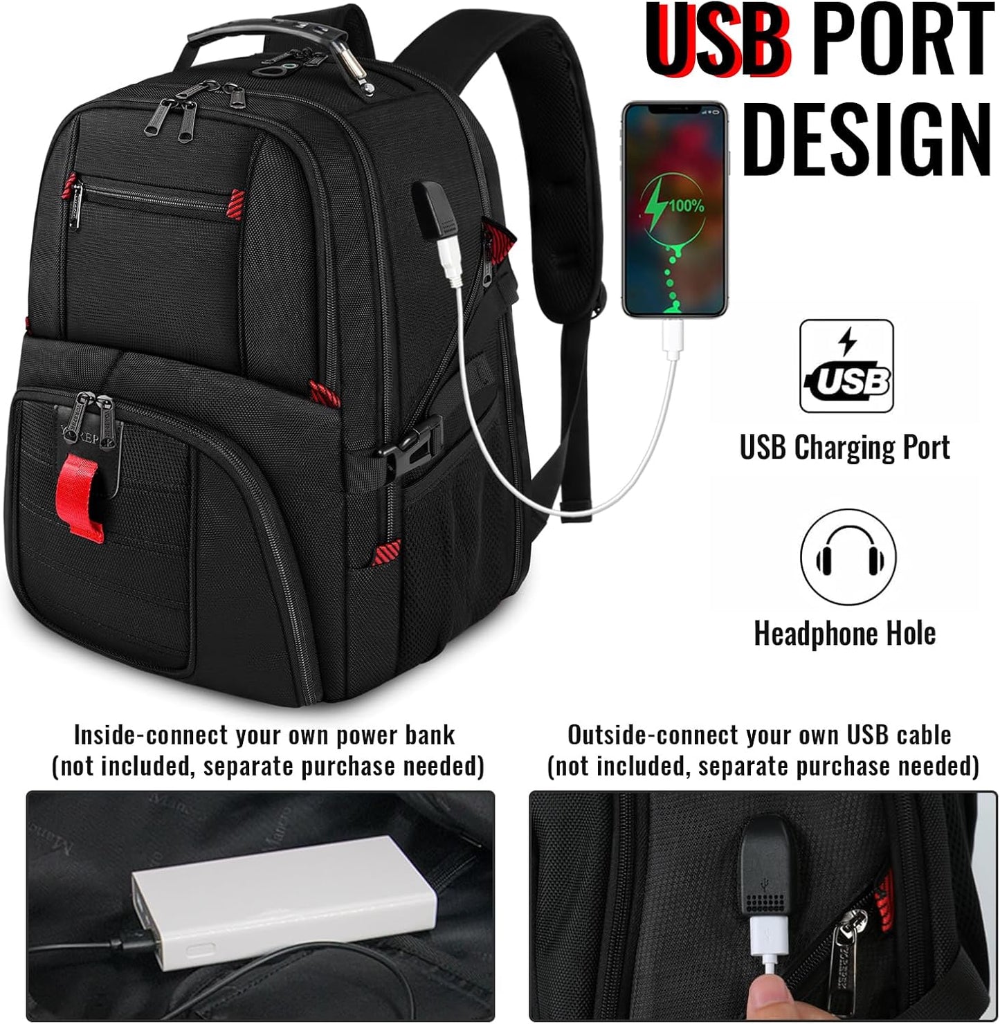 YOREPEK Travel Backpack, Extra Large 50L Laptop Backpacks for Men Women, Water Resistant College Backpacks Airline Approved Business Work Bag with USB Charging Port Fits 17 Inch Computer, Black