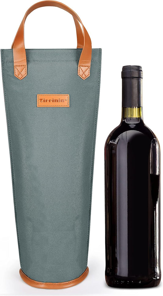 Tirrinia Single Wine Carrier Tote, Insulated Wine Cooler Bag for Travel, Picnic, & Wine Gifts – Thermal Padded Wine Bottle Holder Tote for Men & Women, Wine Gift for Wine Lovers,Gray