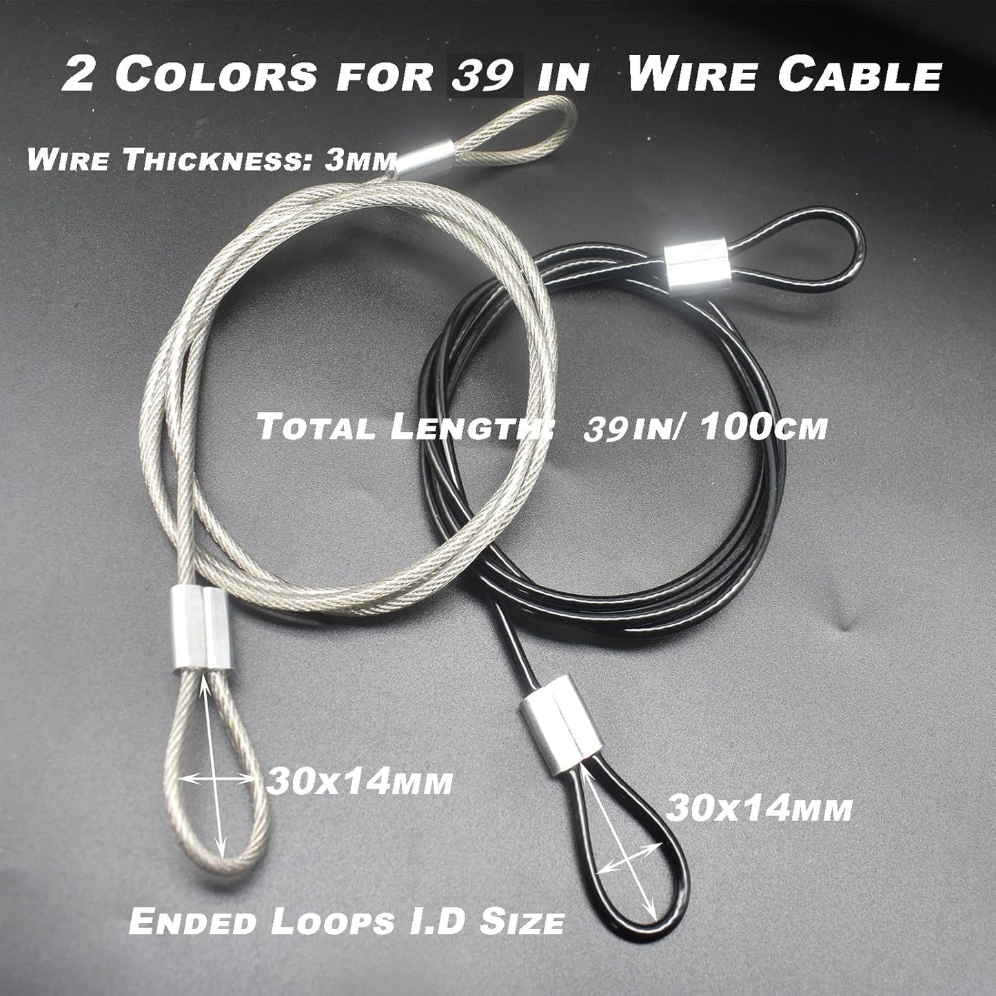6 pcs 39 inch (100cm) 3mm Thickness Stainless Steel Wire Cable with Loops Vinyl Cover Coated Short Rope Lanyard Lock Safety Tether Chains, Black
