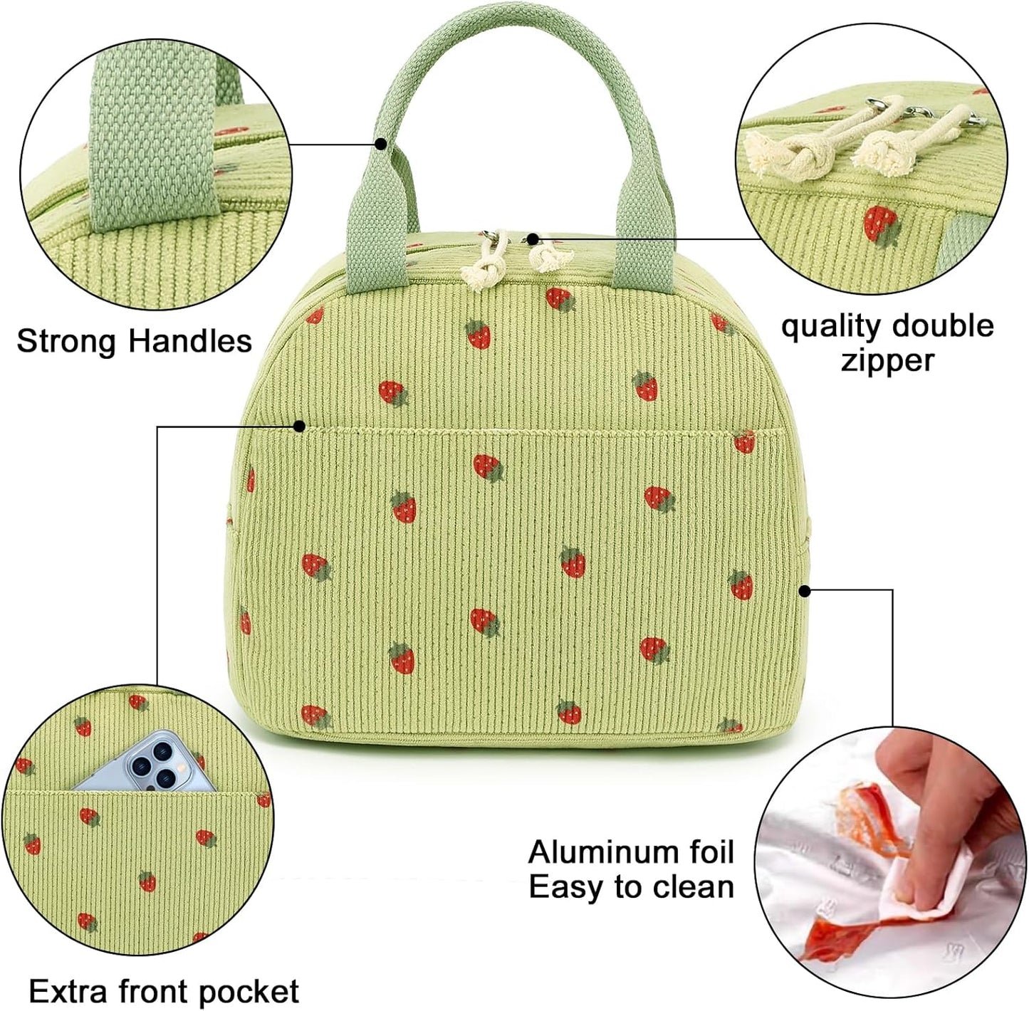 Bluboon Lunch Bag for Women Men Cute Corduroy Lunch Tote Bags Reusable Insulated Lunch Box Large Capacity Reusable Insulated Cooler for Work Picnic or Travel
