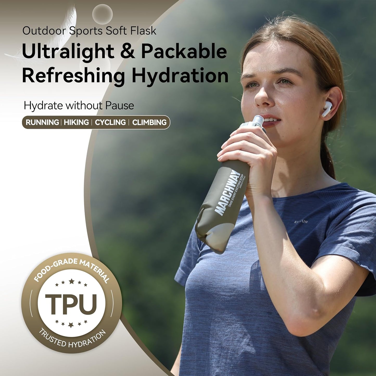 MARCHWAY Soft Hydration Flask with Wide Mouth, 300ml/500ml Collapsible TPU Water Bottle, Leakproof Portable Flexible for Running, Hiking, Cycling, Climbing, Gym, Travel (2pcs Grey 500ml)