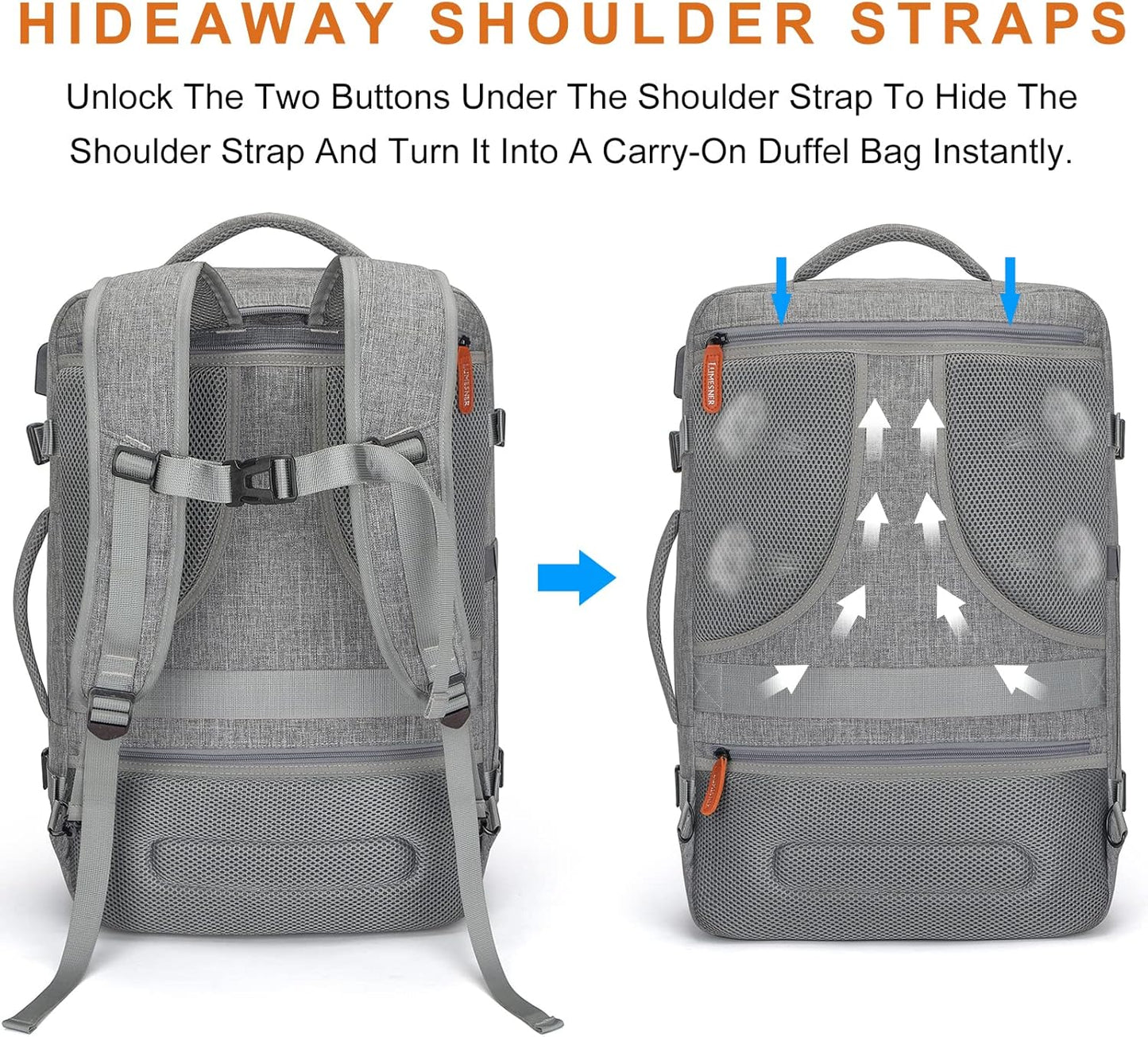 Carry on Travel Backpacks, Extra Large 40L Flight Approved Bag for Men & Women,Expandable Suitcase Backpack With 4 Packing Cubes,Water Resistant Luggage Daypack Business Weekender Bag,Grey