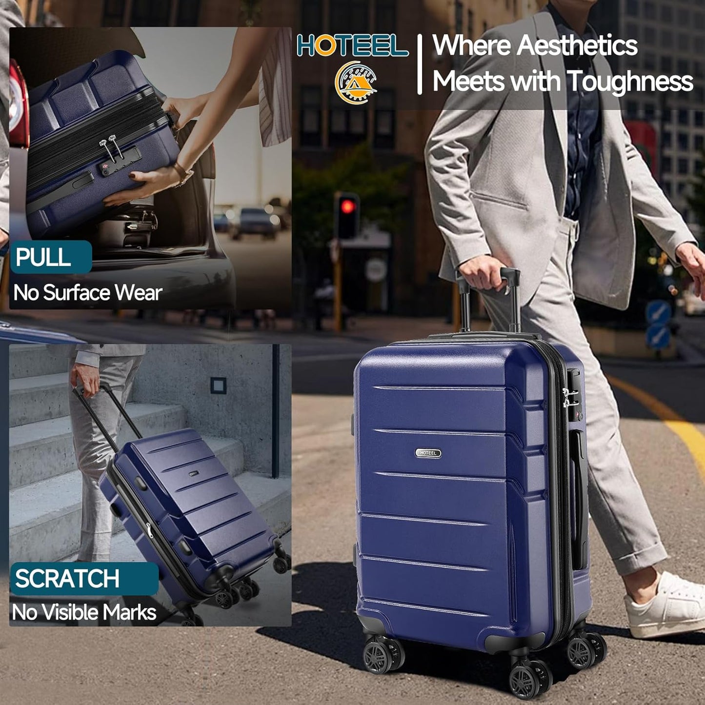 Hoteel Luggage Sets 5 Piece, ABS+PC Hard Shell Expandable Suitcases with Wheels, TSA Aproved Lock and Carry on Bags, Travel Suit Case Set for Men and Women, (5-Piece, Blue)
