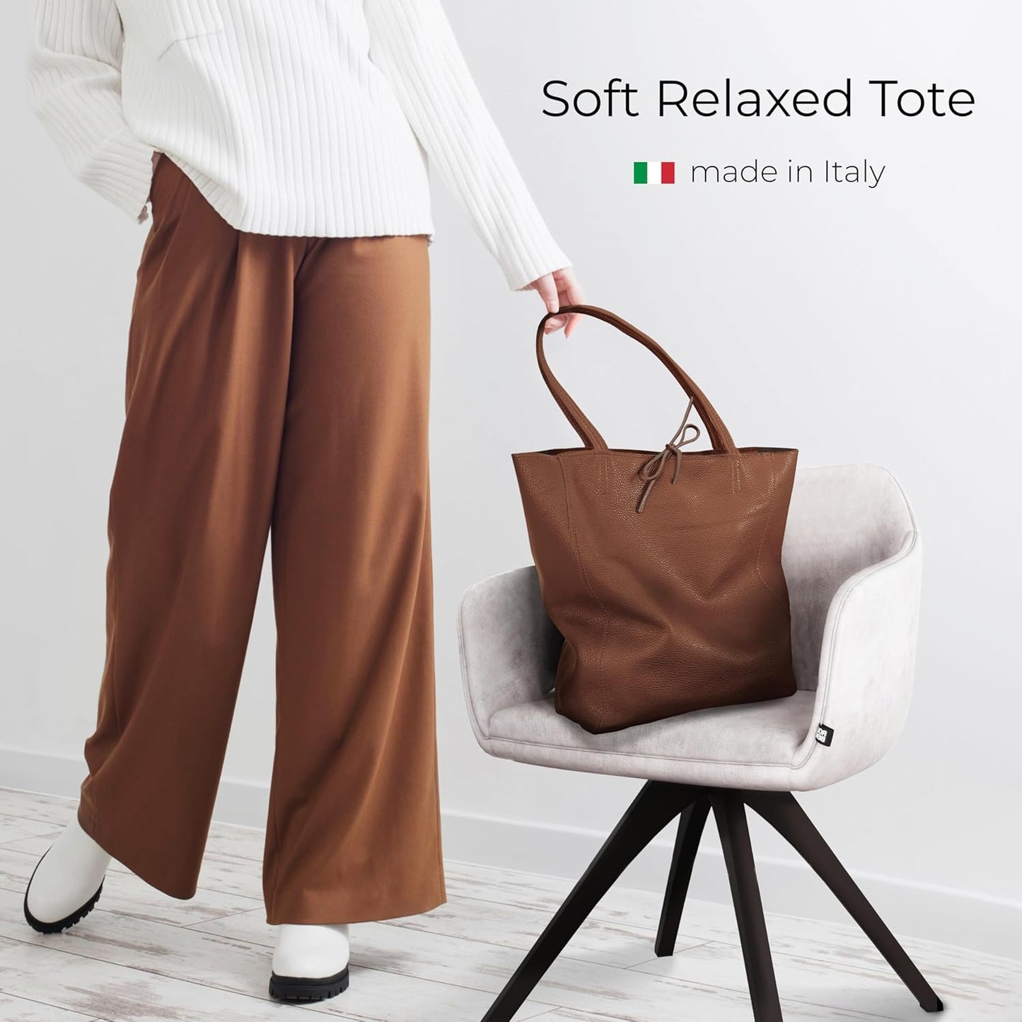 Italian Calf Leather Tote for Women with Zipper, Inner Pocket & Flat Base | Soft Unlined Shopper for Work & Travel
