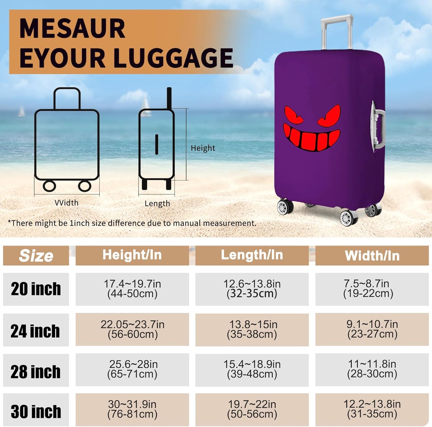 Travel Luggage Cover Thicker Spandex Suitcase Protector Elastic Washable Baggage Covers (S/M/L (for 19-28 inch luggage), Purple Eye)