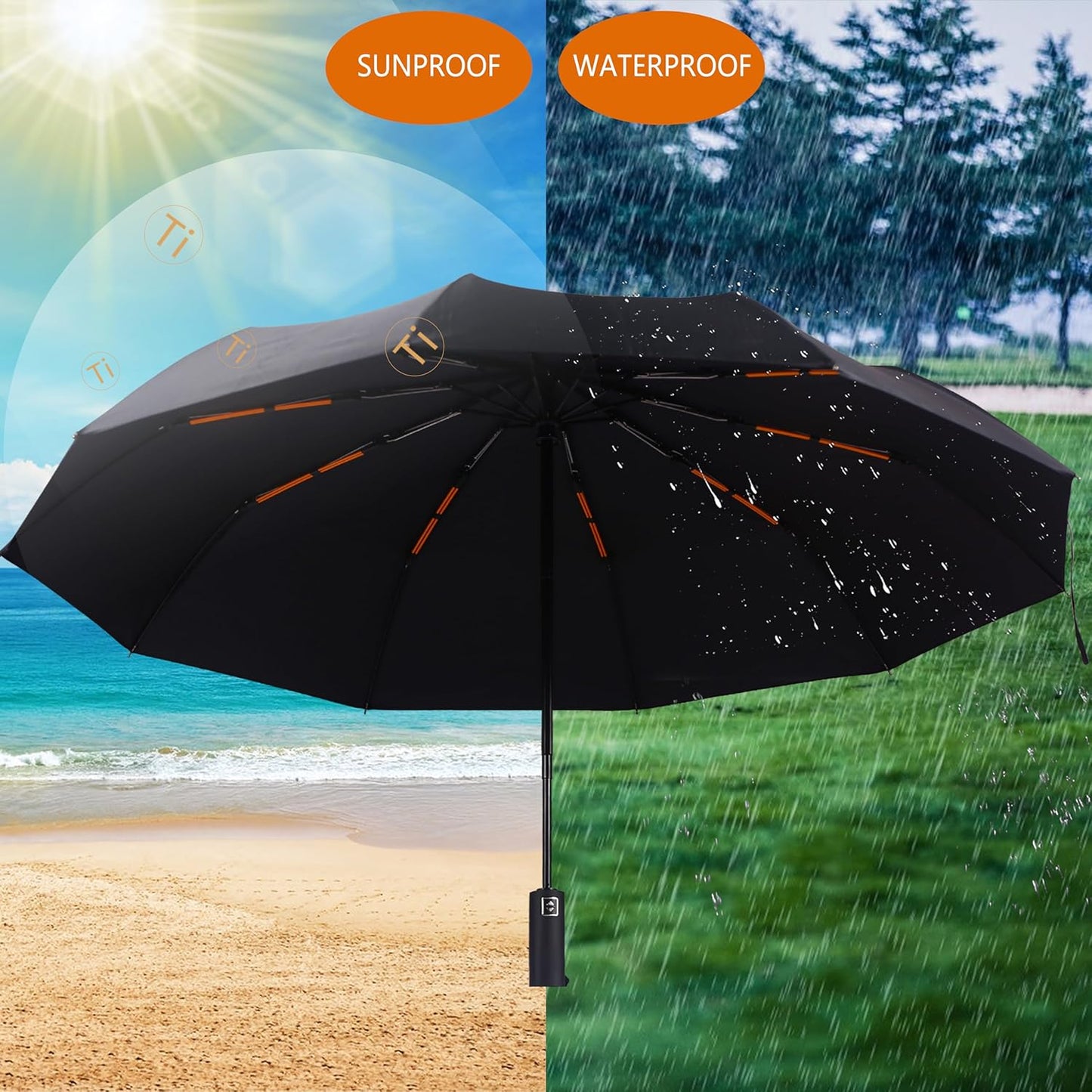 Double 10-Rib 46 Inch Compact Travel Umbrella for Rain - Sturdy Portable Windproof Umbrella - Small Automatic Folding Umbrella