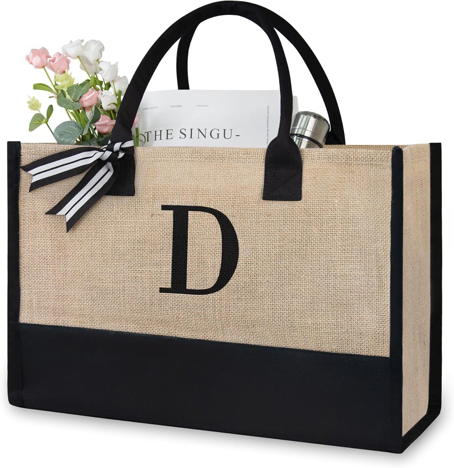 TOPDesign Initial Jute/Canvas Tote Bag, Personalized Present Bag, Suitable for Wedding, Birthday, Beach, Holiday, is a Great Gift for Women, Mom, Teachers, Friends, Bridesmaids (Letter D)