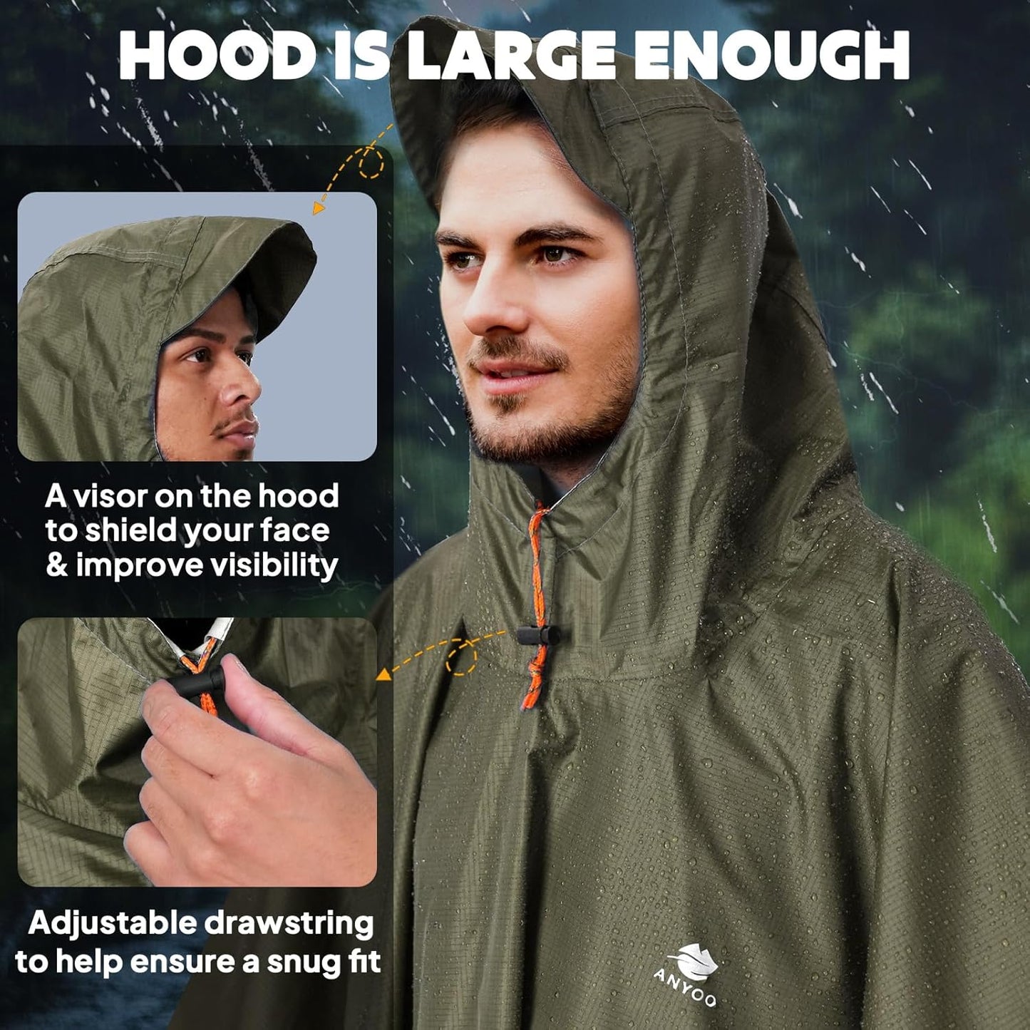 ANYOO Hooded Rain Poncho for Adults Waterproof Lightweight Rain Coat for Men Women Reusable Rain Jacket for Emergency Outdoor