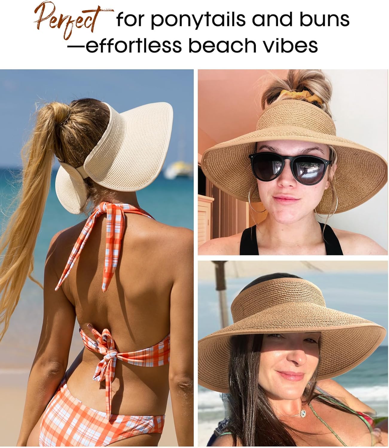 Womens Sun Visor Hats Wide Brim Straw Beach Hat UV Protection Ponytail Packable Beach Vacation Essentials