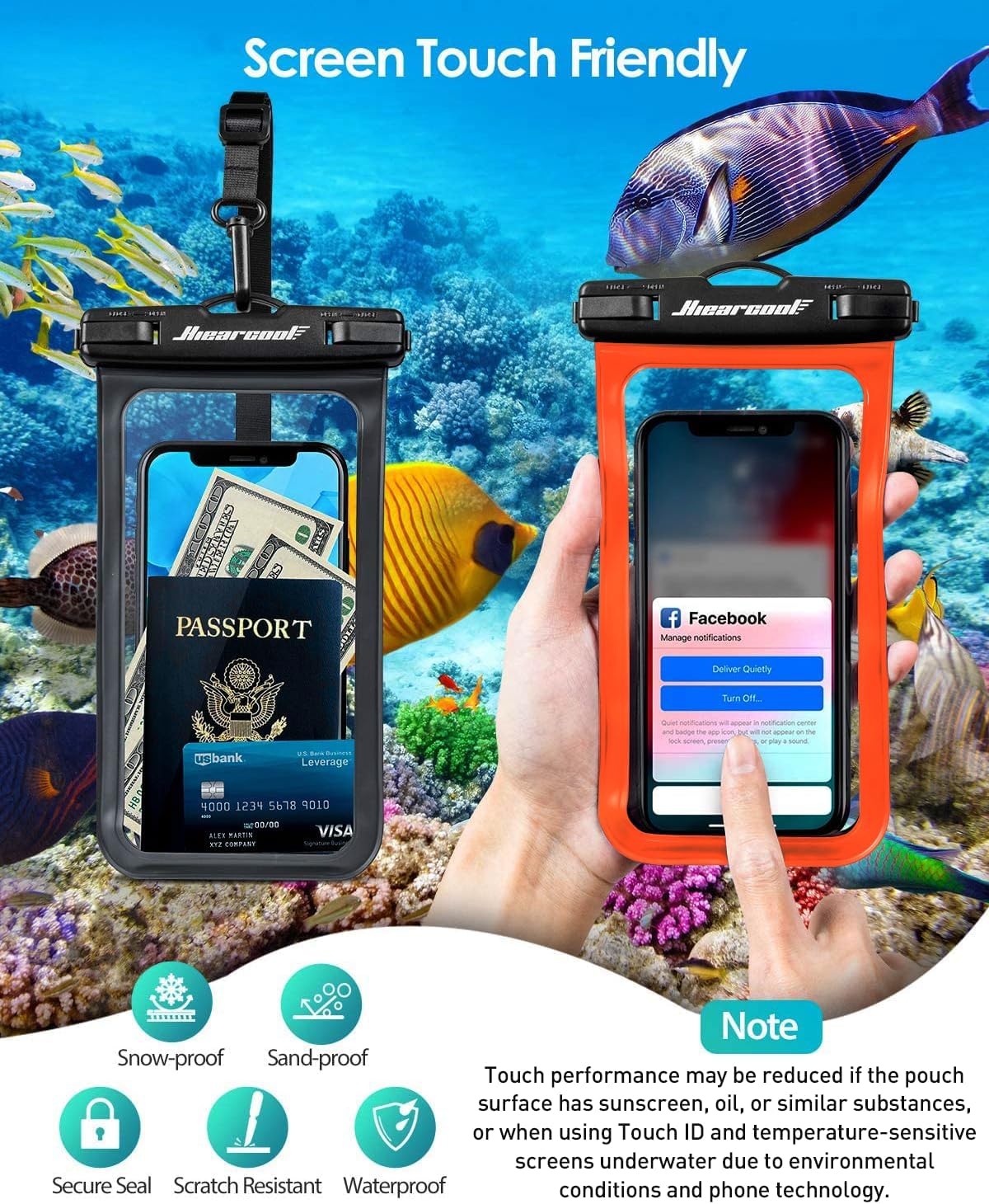 Hiearcool Waterproof Phone Pouch, Waterproof Phone Case, Waterproof Cellphone Pouch Under Water Beach Accessories for iPhone -Black&Orange -2Pack