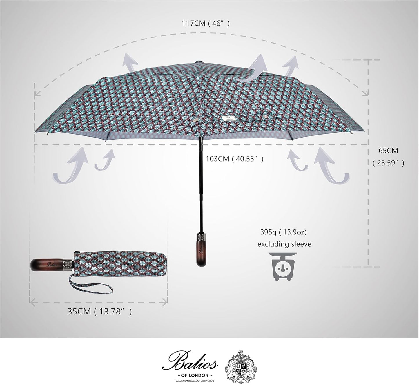 Balios Travel Folding Umbrella with Real Wood Handle Auto Open Close Vented Windproof Canopy - Designed in UK