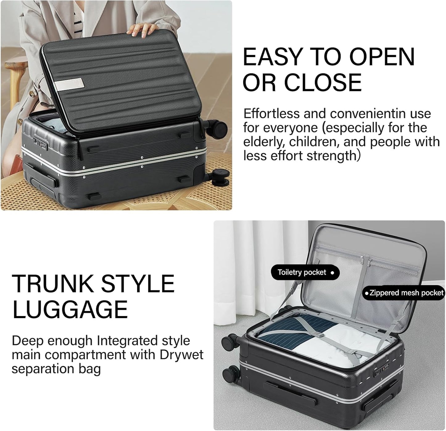 Hanke 24 Inch Checked Luggage PC Hard Shell Suitcases for Travel Front Opening Aluminum Frame Travel Luggage Rolling Suitcase with Wheels.(Jet Black)