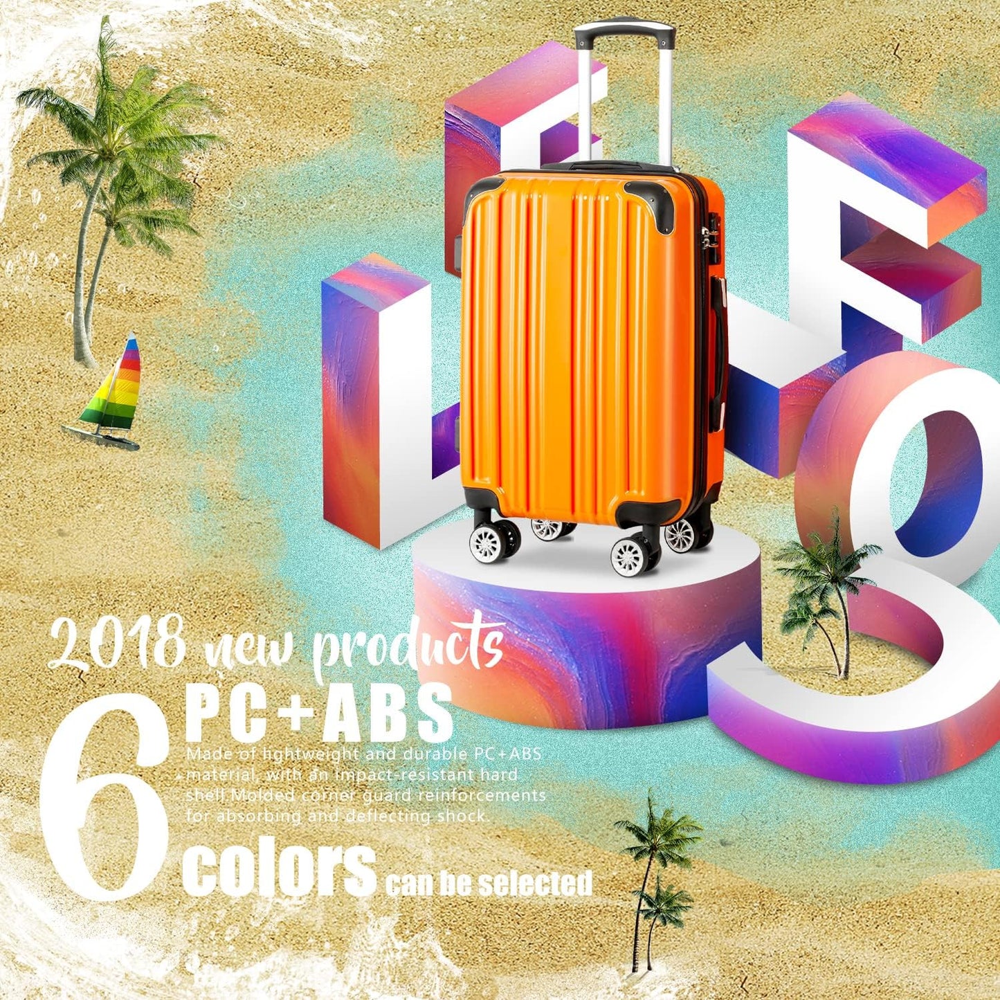 Coolife Luggage Expandable(only 28") Suitcase PC+ABS Spinner 20in 24in 28in Carry on (orange new, L(28in))