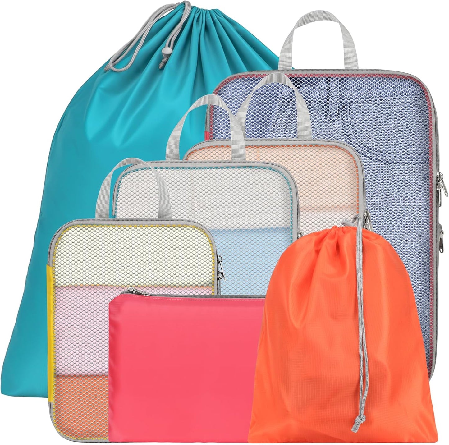 Cambond Compression Packing Cubes for Travel - 7 Set Multi-color See Through Mesh Compression Cubes for Travel Essentials, Space Saving Luggage Packing Organizers Bags for Carry on Suitcases
