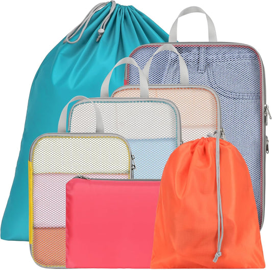 Cambond Compression Packing Cubes for Travel - 7 Set Multi-color See Through Mesh Compression Cubes for Travel Essentials, Space Saving Luggage Packing Organizers Bags for Carry on Suitcases