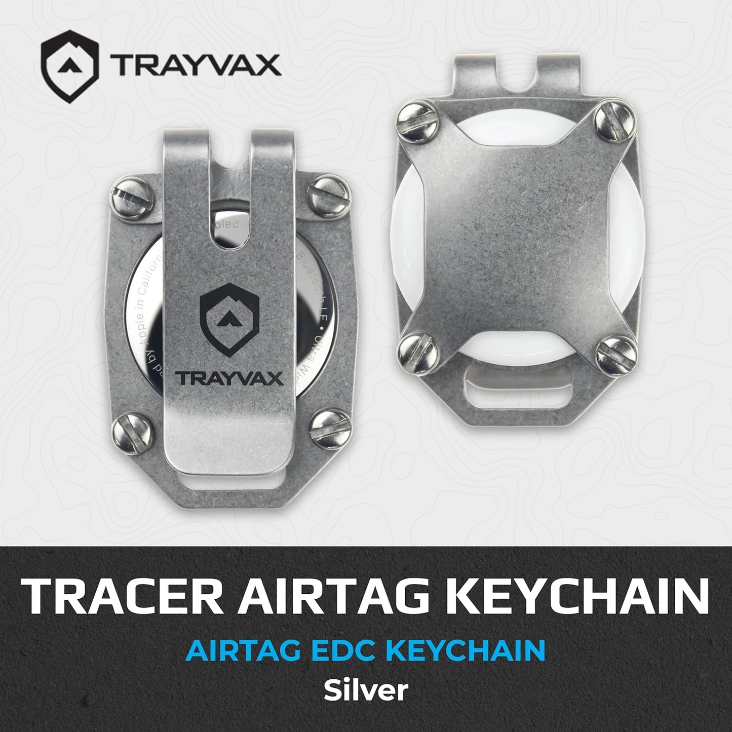Trayvax Tracer Apple Airtag Keychain, Stainless Steel Air Tag Holder Key Chain with Pocket Clip, and Lanyard Hole, Silver
