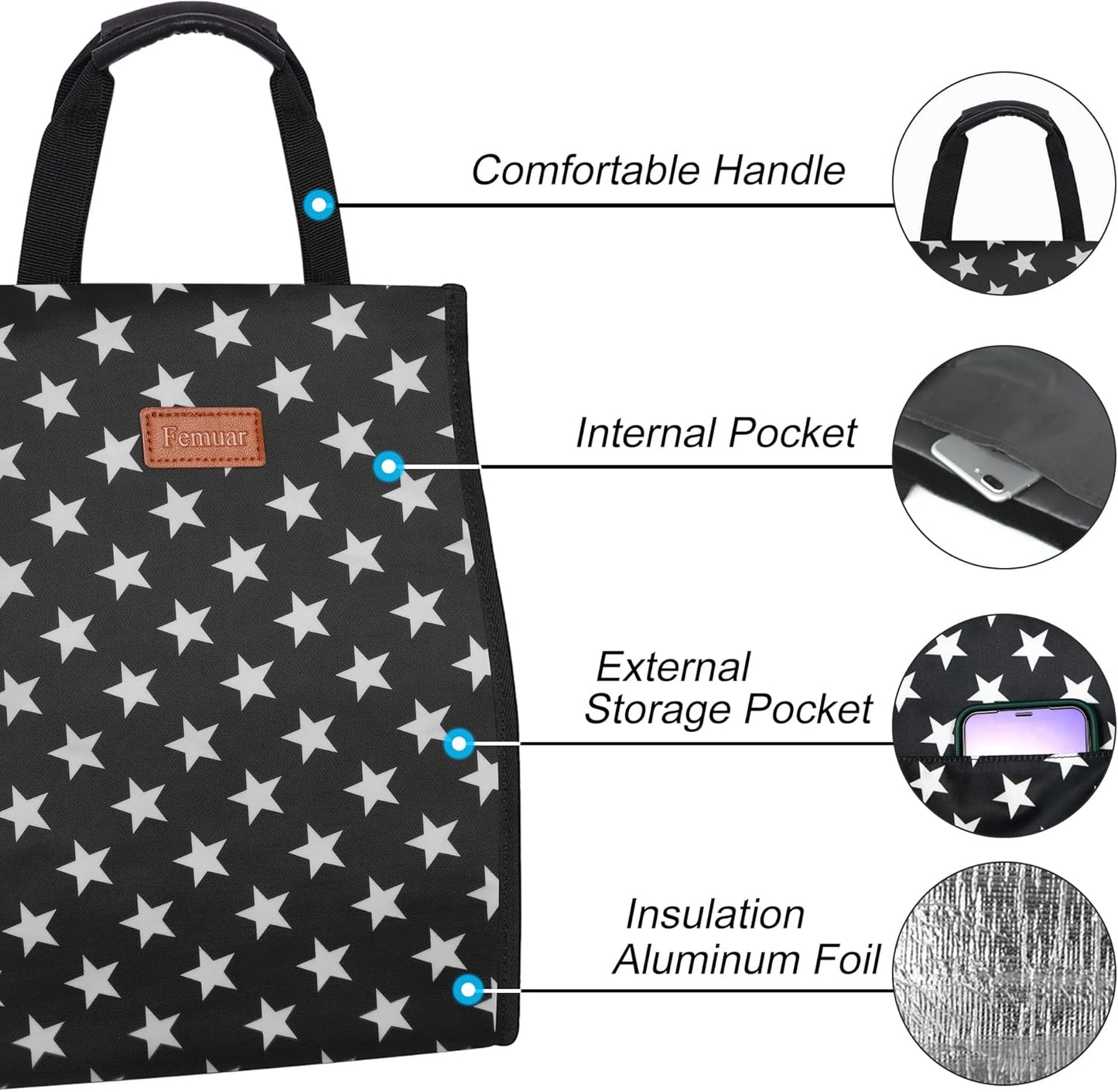Lunch Bags for Women Insulated Reusable Lunch Tote with Internal Pocket, Lunch Tote bag for Work（Star）