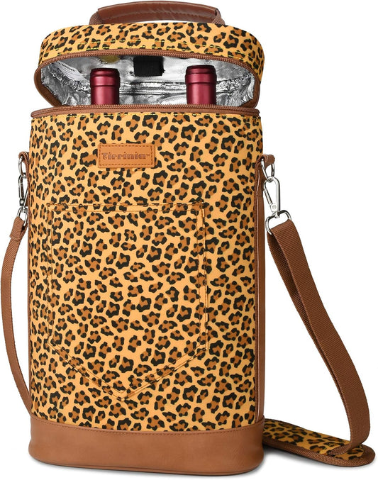 Tirrinia 2 Bottle Wine Gift Tote Carrier - Leakproof & Insulated Padded Versatile Wine Cooler Bag for Travel, BYOB Restaurant, Wine Tasting, Party, Dinner,Gift for Wine Lovers, Cheetah