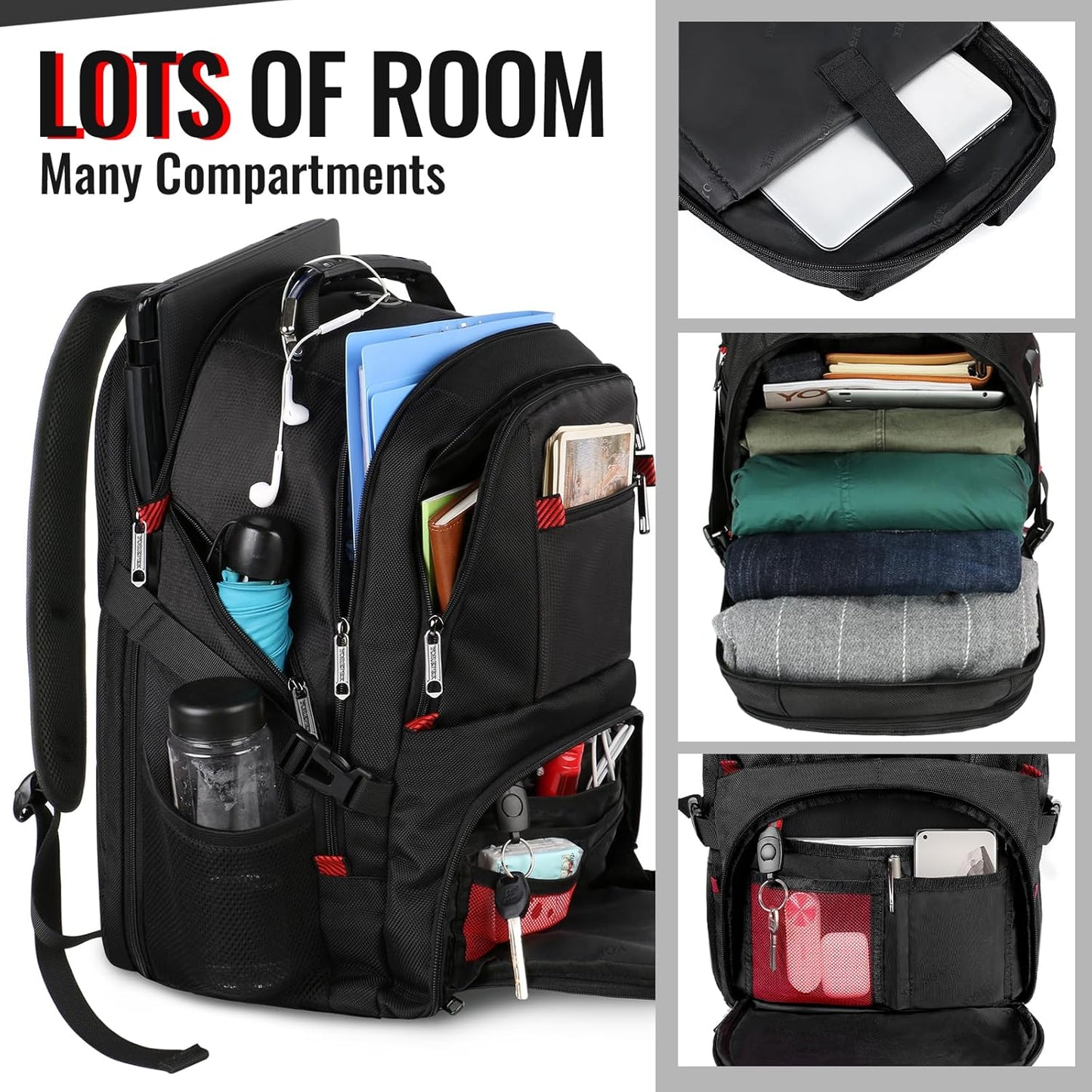 YOREPEK Travel Backpack, Extra Large 50L Laptop Backpacks for Men Women, Water Resistant College Backpacks Airline Approved Business Work Bag with USB Charging Port Fits 17 Inch Computer, Black