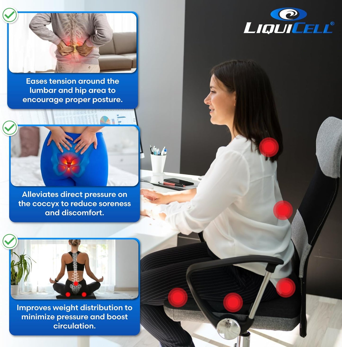 LiquiCell Coccyx Seat Cushion, Aid for Tailbone Pain Relief, Sciatica Pain, Back Support | Donut Like Butt Pillow for Long Hours Sitting at Home/Office Chair (17.5" W x 15.5" L x 2" H)