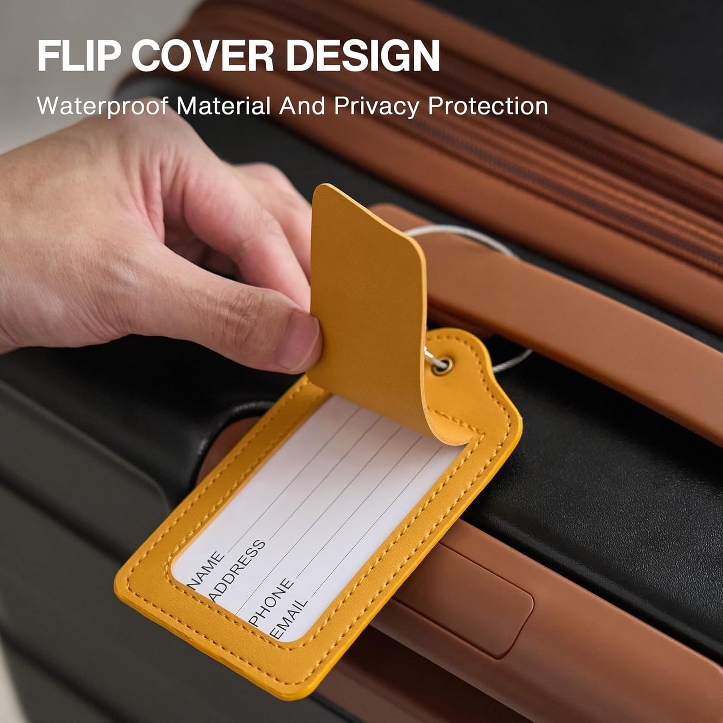 Luggage Tag Faux Leather Premium Travel Suitcase Tags for Baggage Easy to Write Waterproof with Name ID Card for Man Women (Yellow)