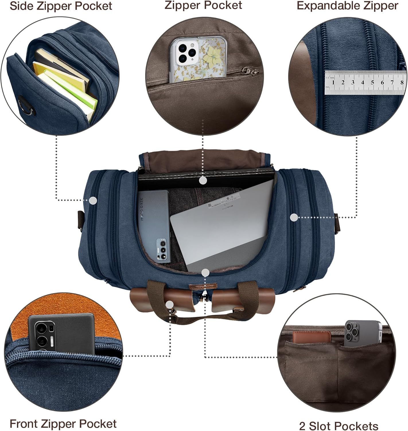 Wildroad 50L Travel Duffel Bag, Expandable Canvas Genuine Leather Duffle Bag Upgraded Overnight Weekender Carry on Bag (Navy Blue, Large-50L)