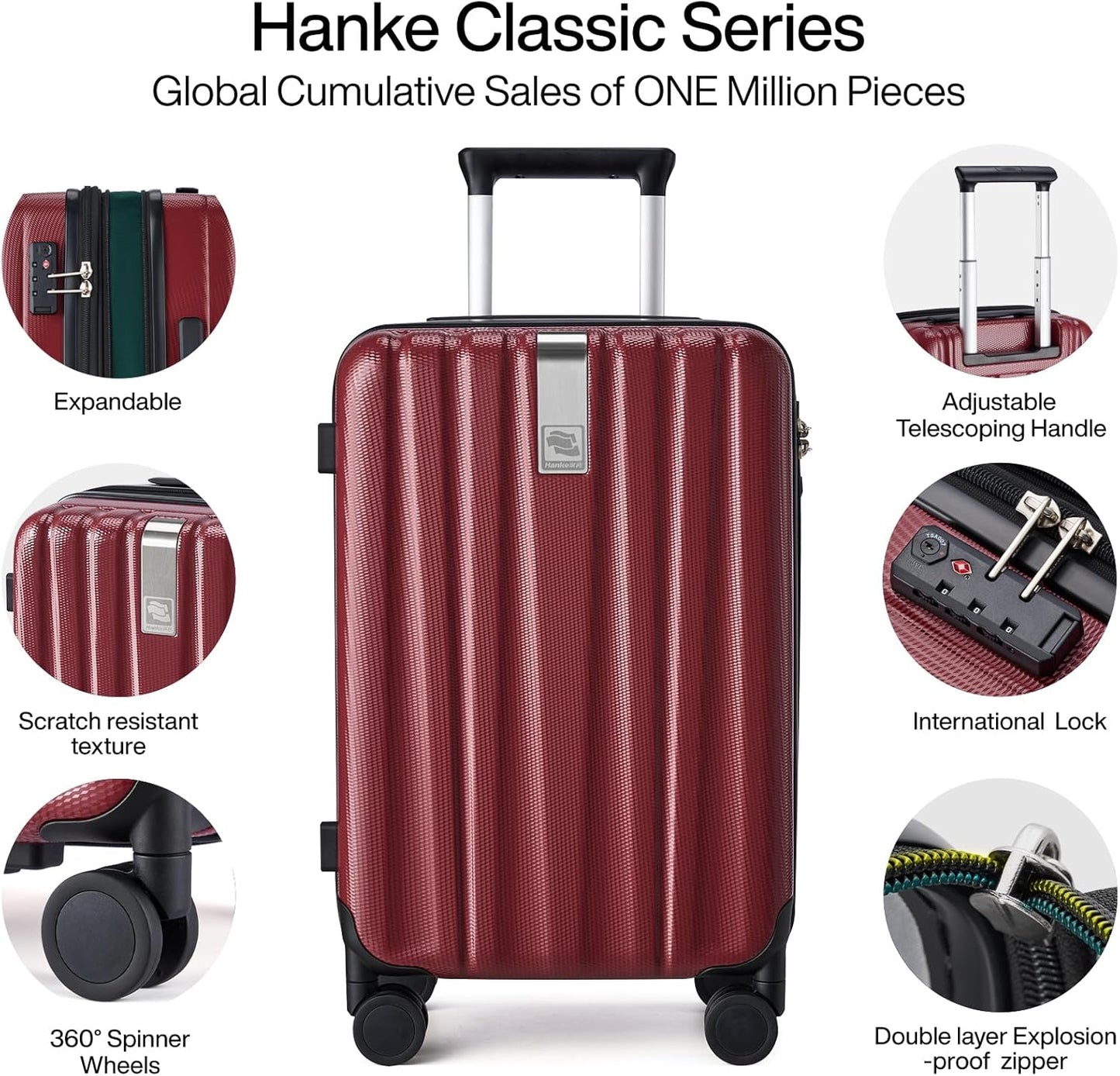 Hanke Expandable Hardshell Luggage Sets 3 piece Carry On Luggage with Wheels Suitcases Lightweight Checked Tsa Luggage Rolling Large Suitcase Travel Luggage Bag Woman Men 20/24/29 Inch(Burgundy)