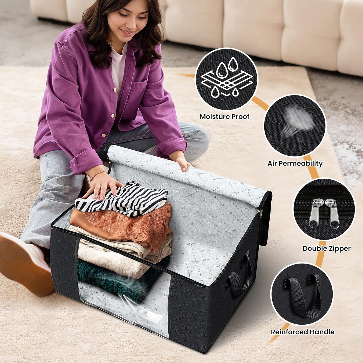 Fab totes 3 Pack Clothes Storage, Foldable Thick Fabric Blanket Storage Bags, Containers for Organizing Bedroom, Closet, Clothing, Comforter,Closet Organization with Handle,Black