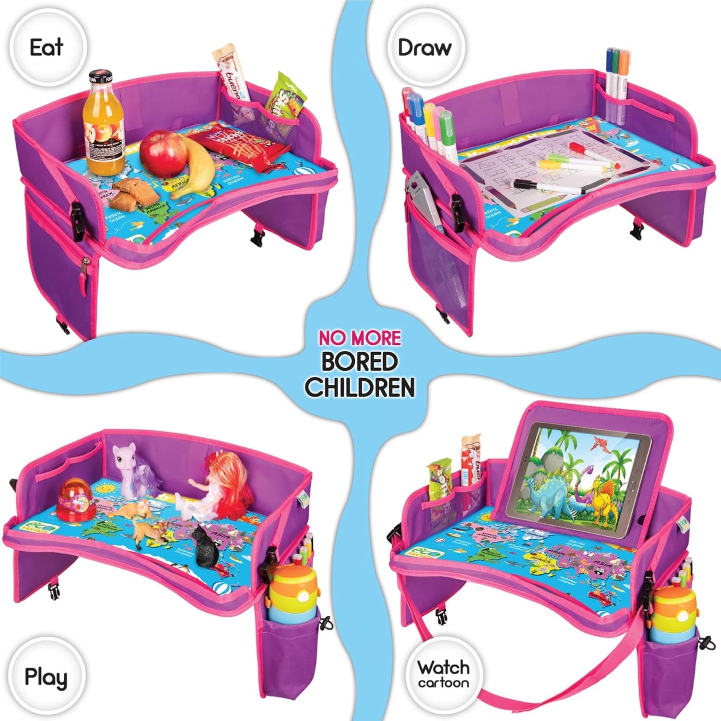 Kids Travel Tray - Waterproof Lap Table with No-Drop Large Tablet Holder - Car Seat Tray - Road Trip Essentials Kids - Car Desk Organizer for Airplane - Toddler Travel Essentials (Pink)