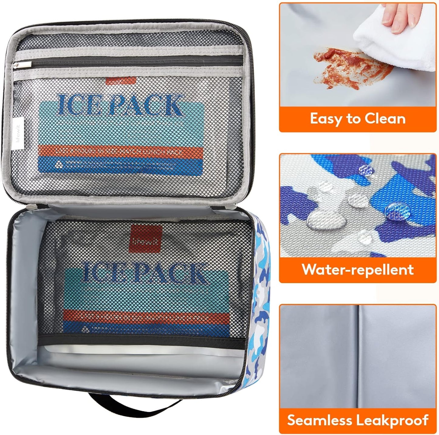 Lifewit Freezable Lunch Box, Insulated Reusable Lunch Bag with 2 Ice Packs, Mini Cooler Snack Bag for Bento Box for Salad, Sandwich, Snacks fo Men Women for Work, Blue Camo 5L