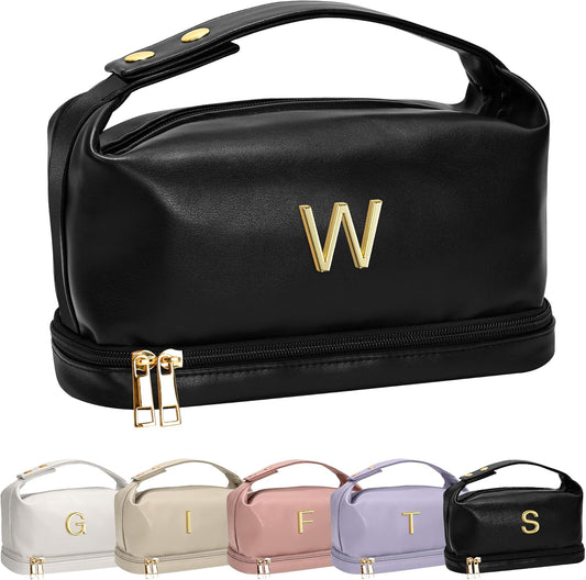 Girly Gifts, Makeup Bags Personalized Bags with Handle, Waterproof Double Layer Cosmetic Bag, Large Capacity PU Leather Makeup Bags Letter Travel Toiletry Bag with Makeup Brush Organizer