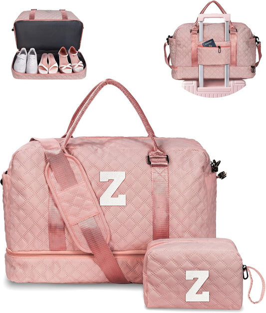 Initial Duffle Travel Bag, Personalized Weekender Bag with Shoulder Strap, Monogram Overnight Bag for Women Wet Pocket, Letter Travel Bag with Makeup Bag Gifts for family (Letter Z), Pink