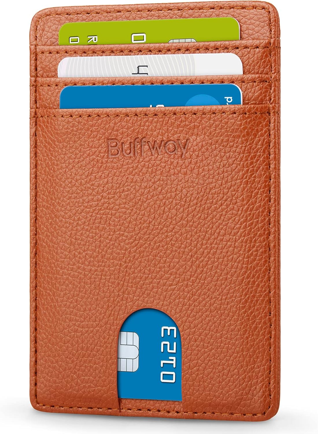 Buffway Mens Slim Wallet, Minimalist Thin Front Pocket Leather Credit Card Holder with RFID Blocking for Work Travel
