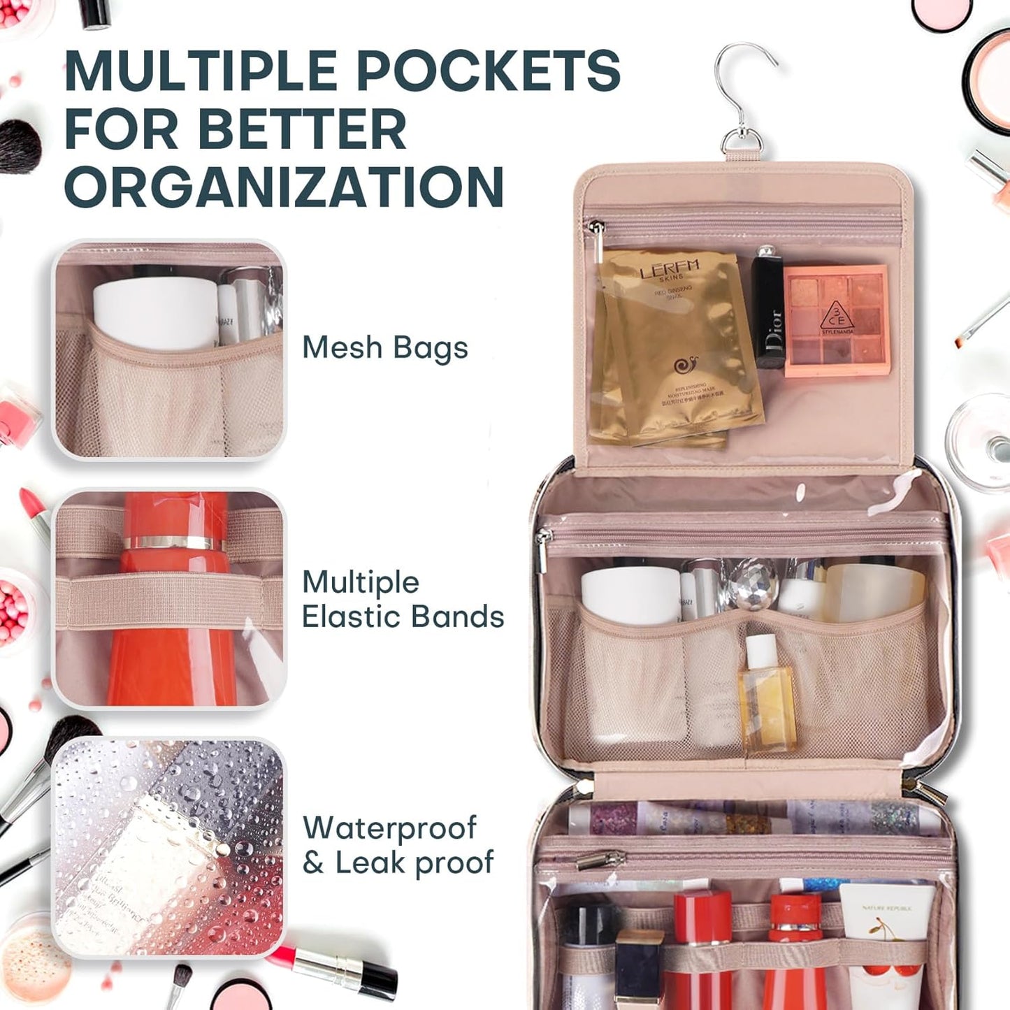 Hanging Toiletry Bag for Women Travel, 2 Sizes Large & Small Waterproof Cosmetic Organizer with 4 Compartments, Rotating Hook, Foldable Pink Travel Bag for Toiletries & Makeup, Large Lake Blue