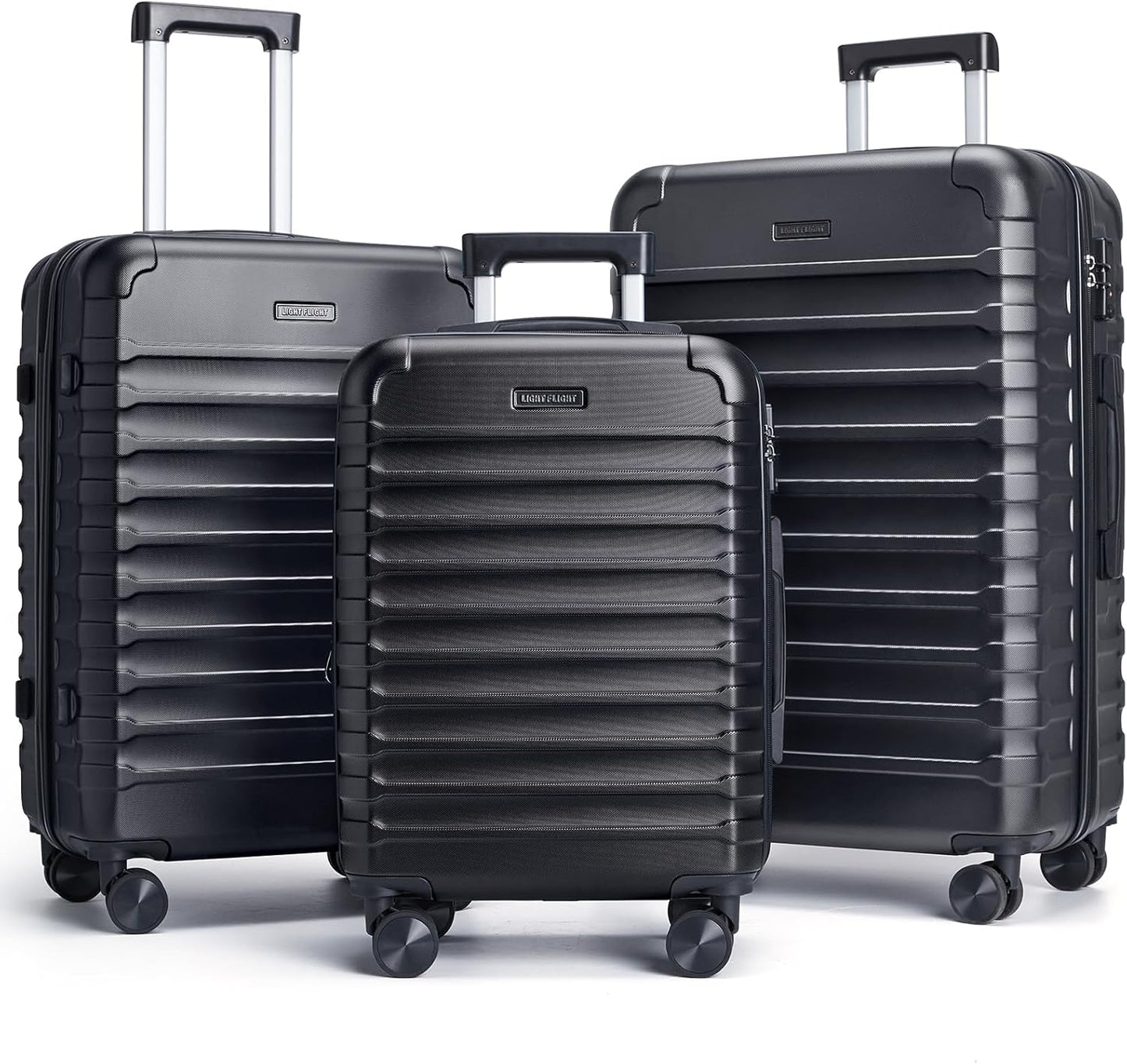 LIGHT FLIGHT Luggage Sets, 3 Piece Durable Suitcase Set with Spinner Wheels, 3 Pcs Hardside Lightweight luggage with TSA Lock, Large Checked Travel Suitcases, 20/24/28 Inch, Black