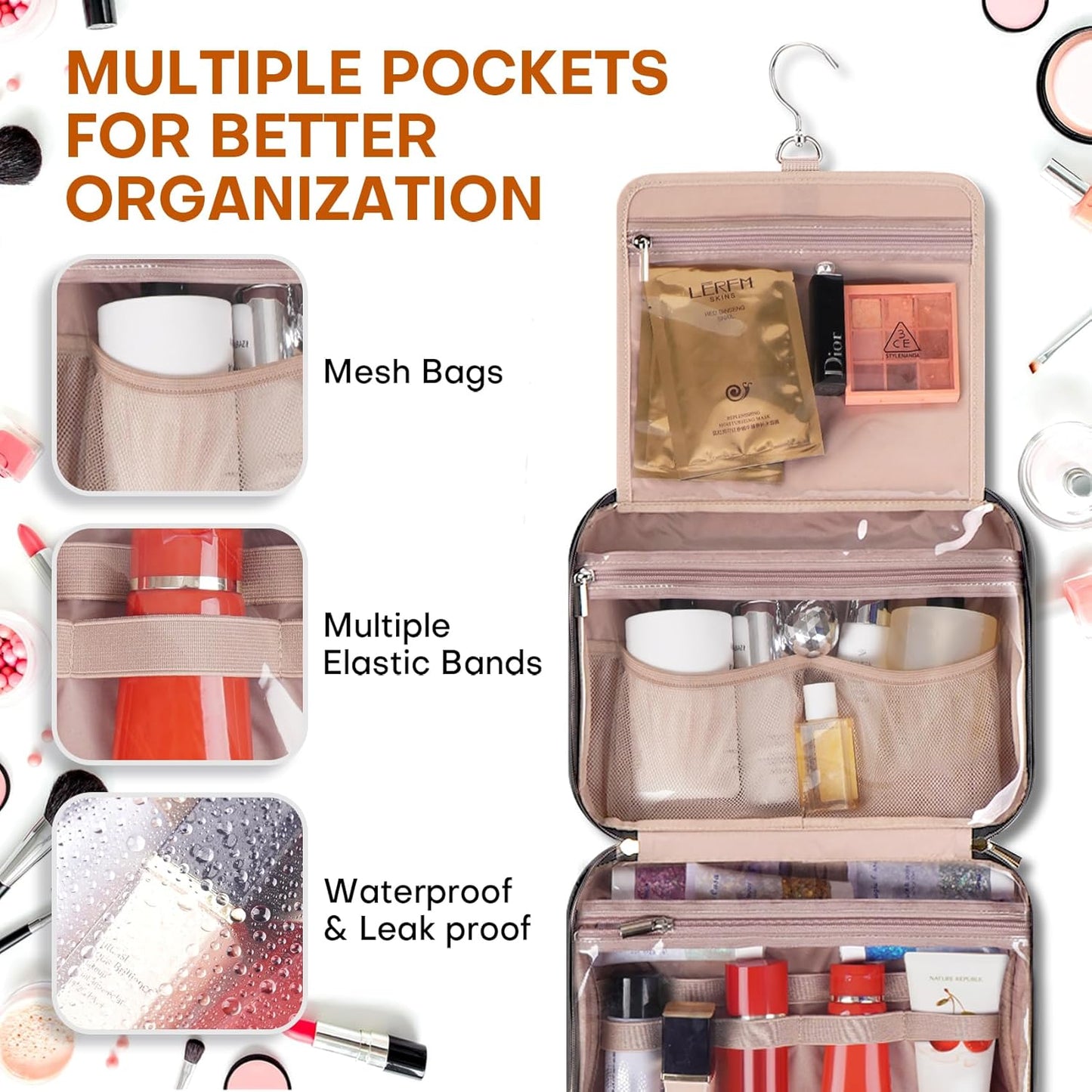Hanging Toiletry Bag for Women Travel, 2 Sizes Large & Small Waterproof Cosmetic Organizer with 4 Compartments, Rotating Hook, Foldable Pink Travel Bag for Toiletries & Makeup - Medium Black