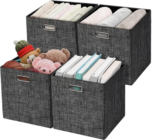 Posprica Collapsible Storage Cubes,11×11 Heavy Duty Fabric Stroage Basket Bins, 4pcs,Black