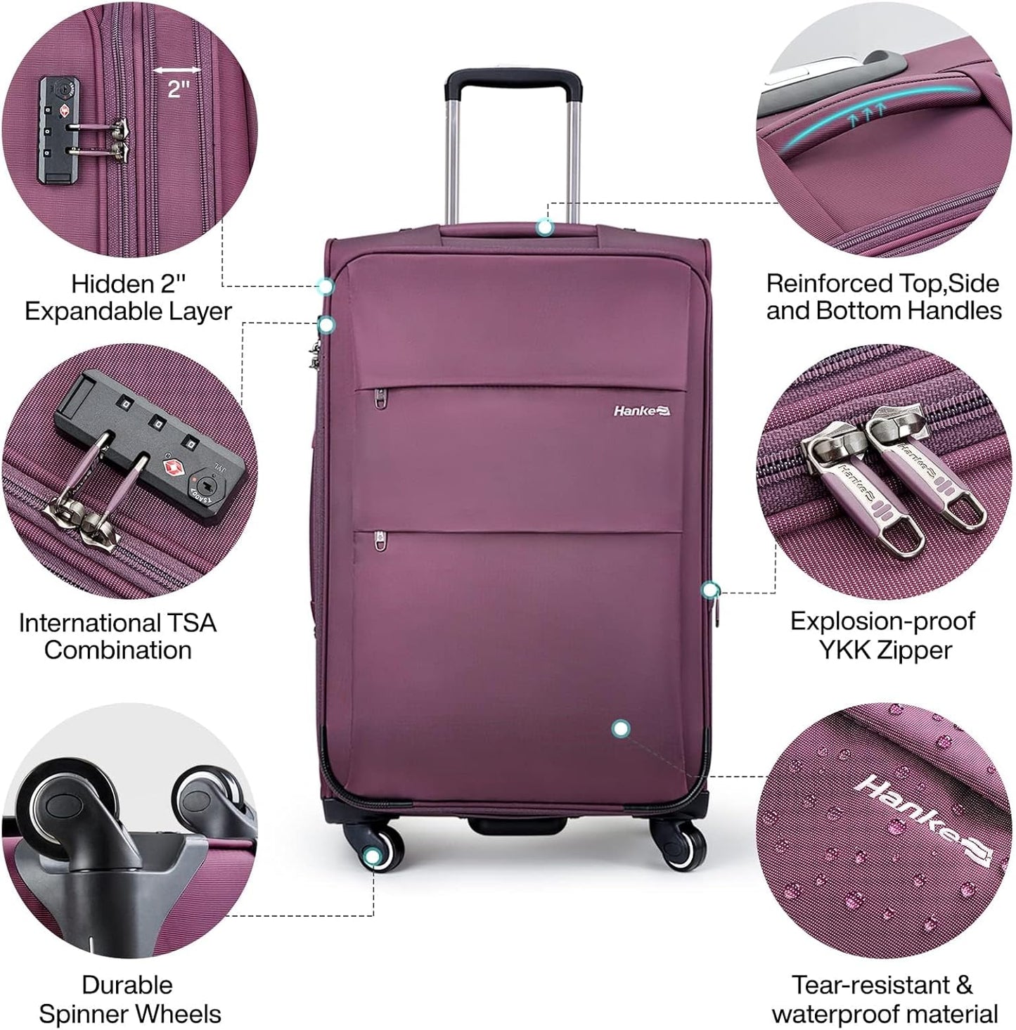 Hanke 20/28 Inch 2 Piece Luggage Sets with Spinner Wheels Expandable Luggage Large Suitcases with Wheels Lightweight Travel Luggage Rolling Suitcase with Lock Softside Checked Luggage.(Purple)
