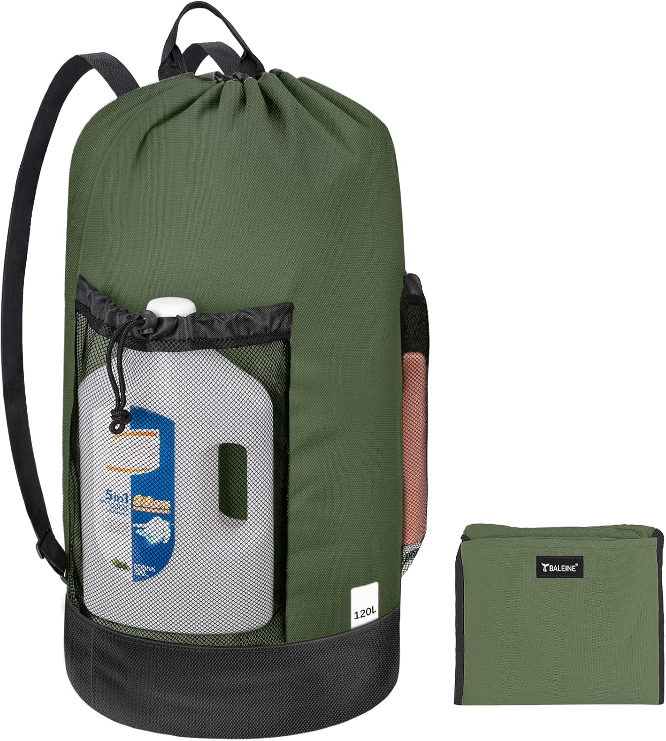 BALEINE 120L Laundry Bag Backpack, 900D Oxford Fabric Large Travel Laundry Bags with Shoulder Straps and 2 Mesh Pockets for College Dorm, Apartment, Laundromat (Green, 120L)
