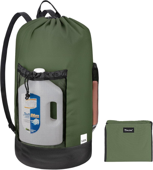 BALEINE 120L Laundry Bag Backpack, 900D Oxford Fabric Large Travel Laundry Bags with Shoulder Straps and 2 Mesh Pockets for College Dorm, Apartment, Laundromat (Green, 120L)