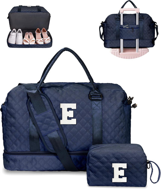 Initial Duffle with Shoe Compartment, Personalized Weekender Bag with Shoulder Strap, Overnight Travel Bag with Makeup Pouch for Women (Letter E)