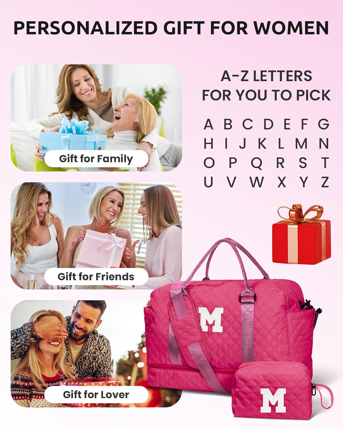 Personalized Women Gifts, Gifts for Women-Initial Travel Bag with Shoe Compartment, Personalized Weekender Bag, Monogram Overnight Bag for Women, Letter Travel Bag with Makeup Bag (Letter K)