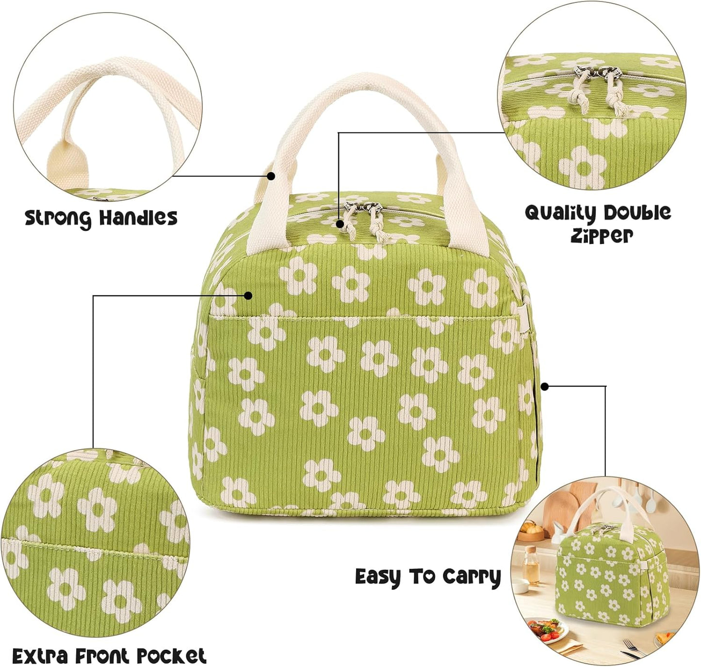 Bluboon Lunch Bag for Women Men Cute Corduroy Lunch Tote Bags Reusable Insulated Lunch Box Large Capacity Reusable Insulated Cooler for Work Picnic or Travel